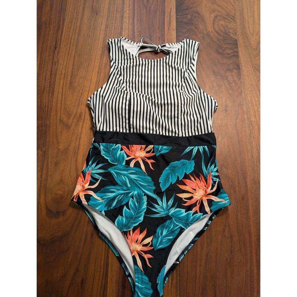 Women's Multicolor Stripe Floral Open Tie Back One-Piece Swimsuit Medium NWOT